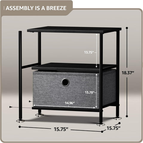 Nightstand 1-Drawer Shelf Storage - Bedside Furniture & End Table Chest Dresser with Steel Frame, Wood Top & Easy Pull Fabric Bins for Home, Bedroom, Closets, Bathroom, Office & College Dorm