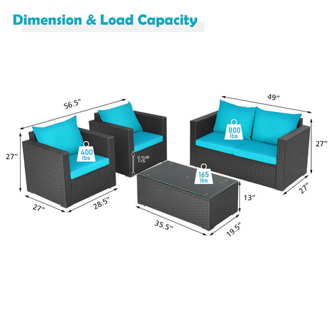 4PCS Patio Rattan Cushioned Sofa Chair Coffee Table Turquoise