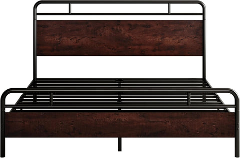 King Size Bed Frame with Wooden Headboard and Footboard, Rounded Corner Metal Structure, Heavy Duty Slats with Under-Bed Storage, No Box Spring Needed, Mahogany