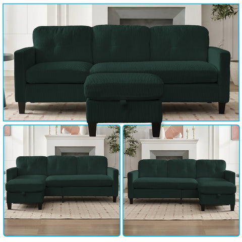 Small L-Shaped Sectional Sofa with Storage Ottomans – Corduroy Couch for Living Room, Green