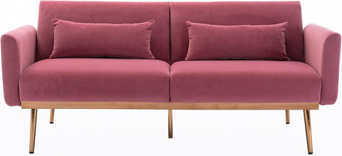 Velvet Futon Bed Couch, Velvet Upholstered Mid Century Sofa Sleeper for Living Room, Sectional Sofa Set Including Metal Legs and Cozy Upholstery Sofa Bed (Pink II)