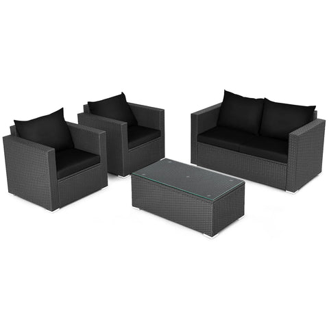 4PCS Rattan Patio Conversation Set Outdoor Furniture Set W/ Black Cushions