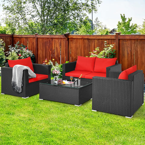 4PCS Patio Rattan Furniture Set Cushioned Sofa Chair Coffee Table Garden Red