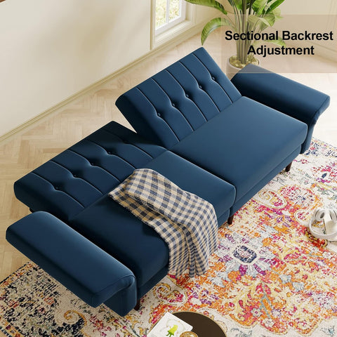 Blue Velvet Convertible Futon Sofa Bed with Memory Foam – Sleeper Couch