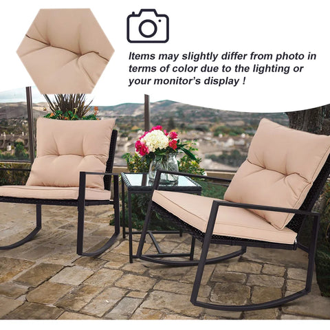 3 Pieces Wicker Outdoor Set with a High-Quality Tempered Glass Coffee Table, Black, Steel, 2