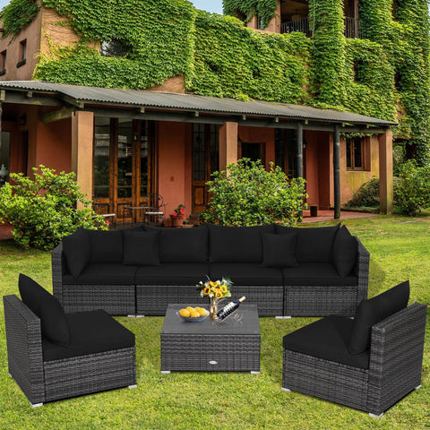 7PCS Patio Rattan Sectional Sofa Set Outdoor Furniture Set W/ Black Cushions