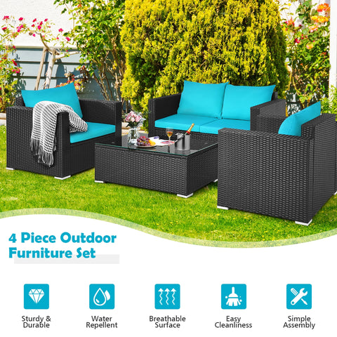 4PCS Patio Rattan Cushioned Sofa Chair Coffee Table Turquoise