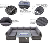 Extra Large 118'' L Sectional Sofa Set – 7-Piece Patio Furniture with Fire Pit Table, Grey Rattan Wicker Outdoor Conversation Set with Cushions