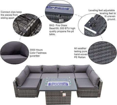 Extra Large 118'' L Sectional Sofa Set – 7-Piece Patio Furniture with Fire Pit Table, Grey Rattan Wicker Outdoor Conversation Set with Cushions