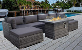 Patio Furniture 7PCS Outdoor Sectional and Fire Pit PE Rattan Patio Sectional Sofa Set with Cushions Outdoor Fire Pit Sectional Outdoor Conversation Set with Propane Fire Pit and Wind Guard (A-Grey )