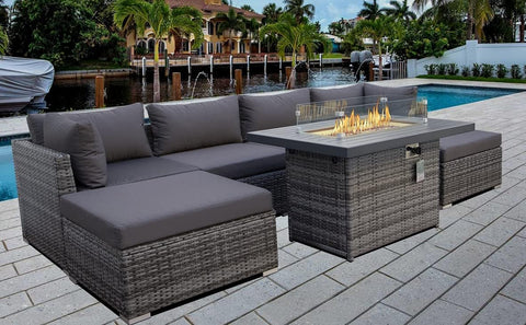 Patio Furniture 7PCS Outdoor Sectional and Fire Pit PE Rattan Patio Sectional Sofa Set with Cushions Outdoor Fire Pit Sectional Outdoor Conversation Set with Propane Fire Pit and Wind Guard (A-Grey )