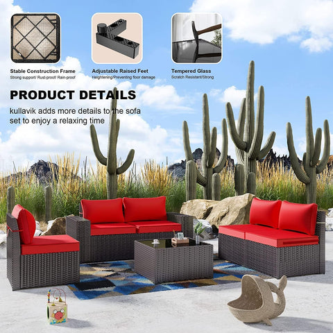 2-Piece Outdoor Patio Furniture Set – Sectional Rattan Sofa Set with 10 Red Seat Cushions & 2 Tempered Glass Tables, Brown PE Rattan Wicker Conversation Set