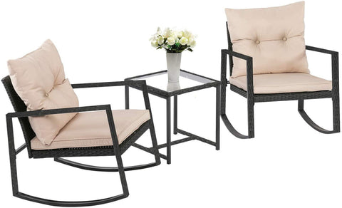 3 Pieces Wicker Outdoor Set with a High-Quality Tempered Glass Coffee Table, Black, Steel, 2