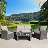 4PCS Patio Rattan Conversation Set Outdoor Furniture Set With Khaki Cushions