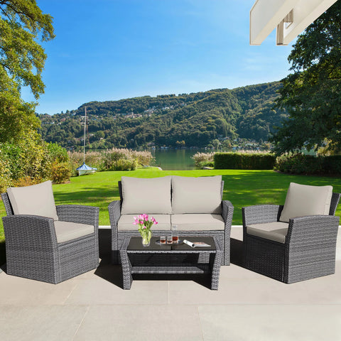 4PCS Patio Rattan Conversation Set Outdoor Furniture Set With Khaki Cushions
