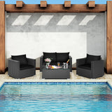 4-Piece Patio Rattan Conversation Set – Outdoor Wicker Sofa Set with Padded Cushions & Tempered Glass Coffee Table, Wicker Sectional Sofas for Courtyard, Balcony, Black