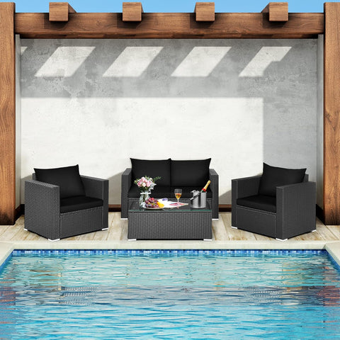 4-Piece Patio Rattan Conversation Set – Outdoor Wicker Sofa Set with Padded Cushions & Tempered Glass Coffee Table, Wicker Sectional Sofas for Courtyard, Balcony, Black