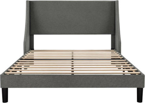 Platform Bed Frame Full Size with Upholstered Headboard – Modern Deluxe Wingback Design, Wood Slat Support, Dark Grey