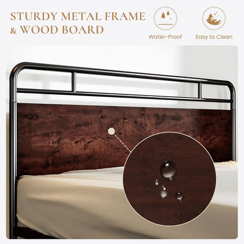 King Size Bed Frame with Wooden Headboard and Footboard, Rounded Corner Metal Structure, Heavy Duty Slats with Under-Bed Storage, No Box Spring Needed, Mahogany
