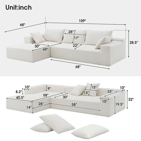 Convertible Modular Sectional Sofa L Shaped Reversible Couch Chenille Sleeper Combination Sofa for Living Room,Cream(No Metal Frame,Foam + Pocket Spring Fill)
