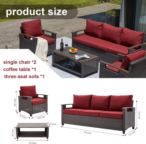 4-Piece Patio Furniture Set – Luxurious Retro Wicker Conversation Set, All-Weather Outdoor Sectional Sofa with 5 Seats & Table, Manual Weaving Rattan, Red Wine for Garden