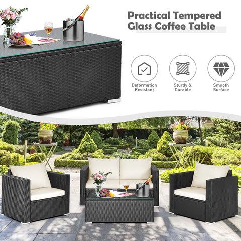 4PCS Patio Rattan Furniture Set Cushioned Sofa Chair Coffee Table off White