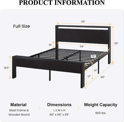 14 Inch Full Size Metal Platform Bed Frame with Wooden Headboard and Footboard, Mattress Foundation, No Box Spring Needed, Large under Bed Storage, Non-Slip without Noise, Black Oak