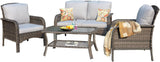 4-Piece Outdoor Wicker Patio Furniture Set – High Back Loveseat with Cushions, Coffee Table & Armchairs, Grey Rattan & Cushions
