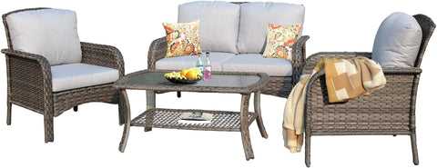 4-Piece Outdoor Wicker Patio Furniture Set – High Back Loveseat with Cushions, Coffee Table & Armchairs, Grey Rattan & Cushions