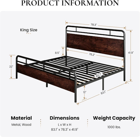 King Size Bed Frame with Wooden Headboard and Footboard, Rounded Corner Metal Structure, Heavy Duty Slats with Under-Bed Storage, No Box Spring Needed, Mahogany