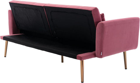 Velvet Futon Bed Couch, Velvet Upholstered Mid Century Sofa Sleeper for Living Room, Sectional Sofa Set Including Metal Legs and Cozy Upholstery Sofa Bed (Pink II)