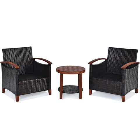 3PCS Patio Wicker Rattan Conversation Set Outdoor Furniture Set W/ Red Cushion