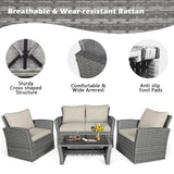 4PCS Patio Rattan Conversation Set Outdoor Furniture Set With Khaki Cushions