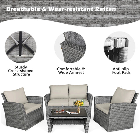 4PCS Patio Rattan Conversation Set Outdoor Furniture Set With Khaki Cushions