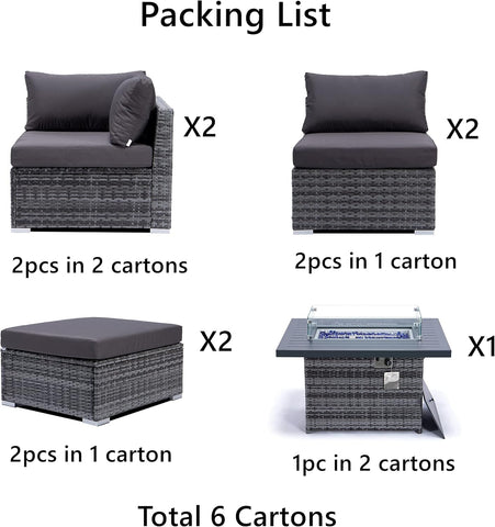 Patio Furniture 7PCS Outdoor Sectional and Fire Pit PE Rattan Patio Sectional Sofa Set with Cushions Outdoor Fire Pit Sectional Outdoor Conversation Set with Propane Fire Pit and Wind Guard (A-Grey )