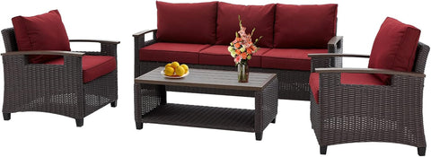 4-Piece Patio Furniture Set – Luxurious Retro Wicker Conversation Set, All-Weather Outdoor Sectional Sofa with 5 Seats & Table, Manual Weaving Rattan, Red Wine for Garden