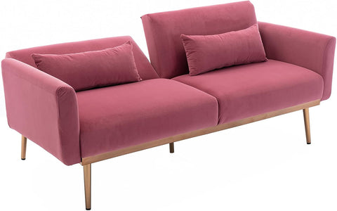 Velvet Futon Bed Couch, Velvet Upholstered Mid Century Sofa Sleeper for Living Room, Sectional Sofa Set Including Metal Legs and Cozy Upholstery Sofa Bed (Pink II)