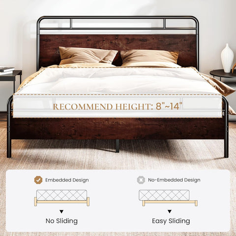King Size Bed Frame with Wooden Headboard and Footboard, Rounded Corner Metal Structure, Heavy Duty Slats with Under-Bed Storage, No Box Spring Needed, Mahogany