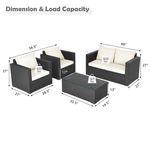 4PCS Patio Rattan Furniture Set Cushioned Sofa Chair Coffee Table off White