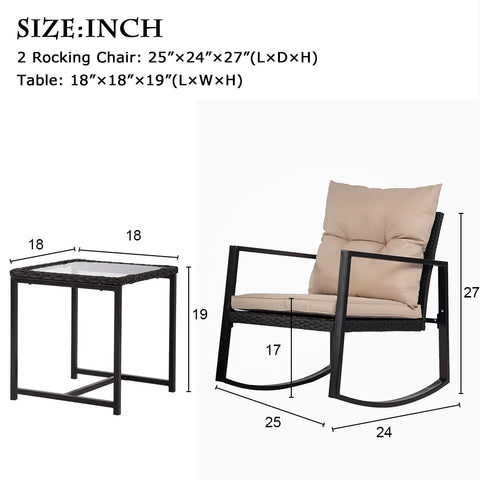 3 Pieces Wicker Outdoor Set with a High-Quality Tempered Glass Coffee Table, Black, Steel, 2