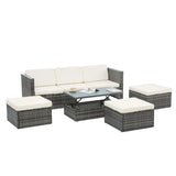 5-Piece Patio Furniture Set – All-Weather Outdoor Conversation Set with Adjustable Backrest & Lift Top Coffee Table, PE Rattan Wicker Sectional Sofa, Beige