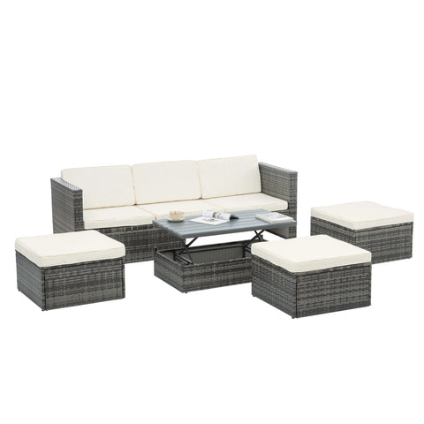 5-Piece Patio Furniture Set – All-Weather Outdoor Conversation Set with Adjustable Backrest & Lift Top Coffee Table, PE Rattan Wicker Sectional Sofa, Beige