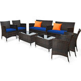 8PCS Patio Rattan Conversation Furniture Set Outdoor W/ Navy Cushion