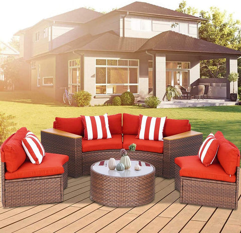 5-Piece Patio Sectional Furniture Set – Half-Moon Brown Wicker Curved Outdoor Sofa with Red Cushions, Round Glass Coffee Table & Pillow, Outdoor Patio Set