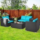 4PCS Patio Rattan Cushioned Sofa Chair Coffee Table Turquoise