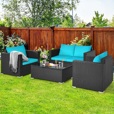 4PCS Patio Rattan Cushioned Sofa Chair Coffee Table Turquoise