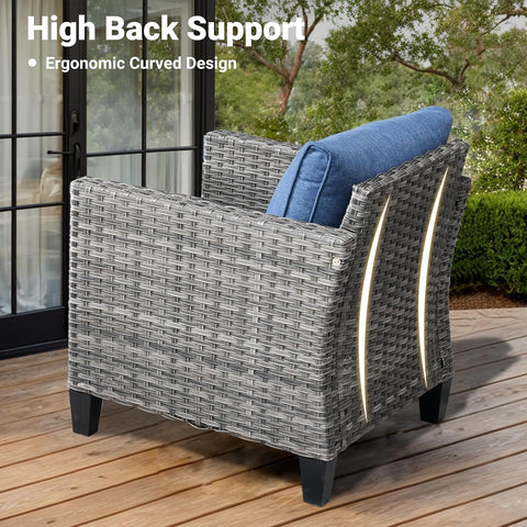 Patio Furniture Set, 5 Pieces Outdoor Wicker Rattan Sofa Couch with Ottomans and Comfy Cushions, All Weather High Back Conversation Set for Backyard Porch Garden, Denim Blue