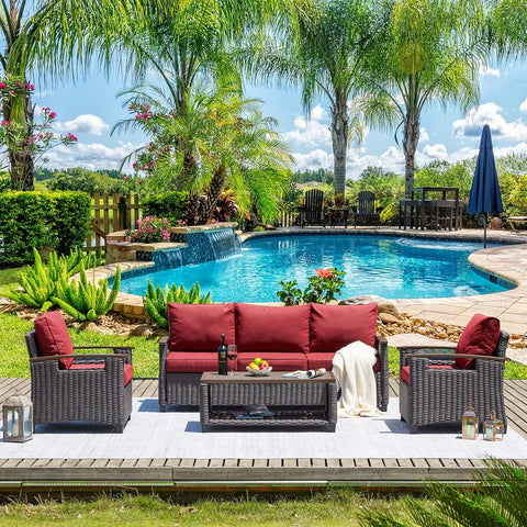 4-Piece Patio Furniture Set – Luxurious Retro Wicker Conversation Set, All-Weather Outdoor Sectional Sofa with 5 Seats & Table, Manual Weaving Rattan, Red Wine for Garden
