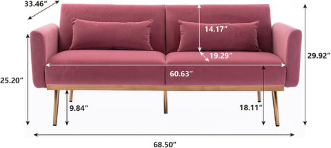 Velvet Futon Bed Couch, Velvet Upholstered Mid Century Sofa Sleeper for Living Room, Sectional Sofa Set Including Metal Legs and Cozy Upholstery Sofa Bed (Pink II)
