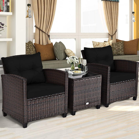3 Pieces Patio Furniture Set, PE Rattan Wicker 3 Pcs Outdoor Sofa Set W/Washable Cushion and Tempered Glass Tabletop, Conversation Furniture for Garden Poolside Balcony (Black)